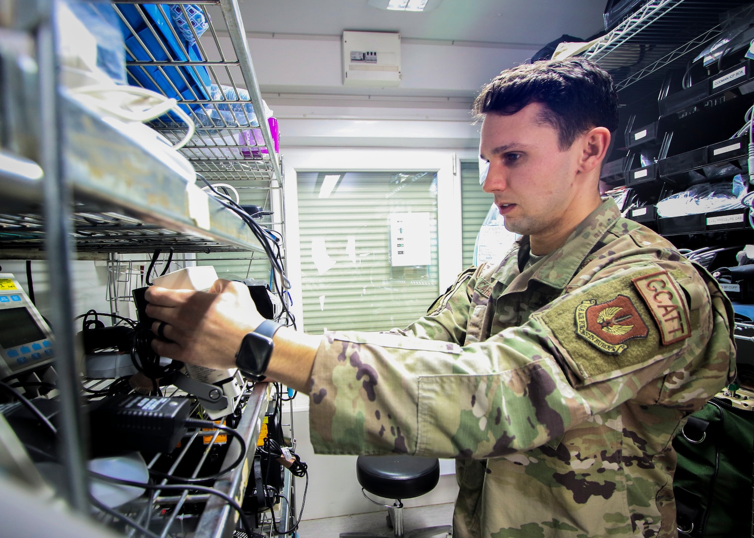 U.S. Air Force Tech Sgt. Adam Cardoza, Noncommissioned Officer in charge, Pulmonary Clinic, Landstuhl Regional Medical Center, performs a preflight inspection on equipment as part of the 86th Medical Squadron’s Critical Care Air Transport Team operations, March 23. Cardoza, a native of Dana Point, California, was recognized as the Air Force’s top Cardiopulmonary Laboratory Noncommissioned Officer of the Year of 2020.