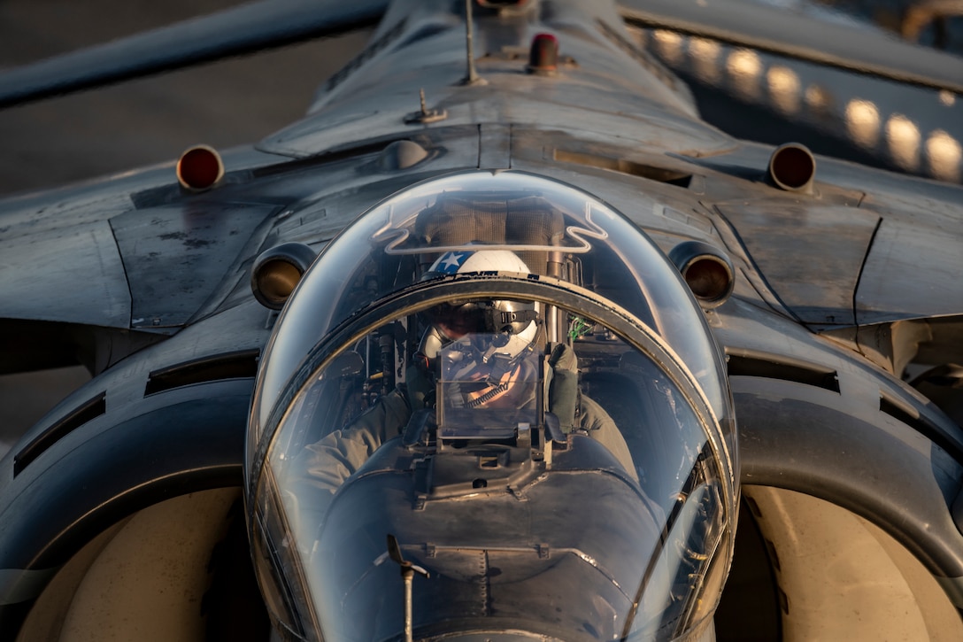 A U.S. Marine Corps AV-8B Harrier with Marine Attack Squadron 214, 11th Marine Expeditionary Unit, conducts flight operations aboard Wasp-class amphibious assault ship USS Essex (LHD 2), March 21, 2021. U.S. Navy and Marine Corps integration training provides the Essex Amphibious Ready Group/11th MEU its first opportunity to plan, brief, and execute multiple mission packages. Essex is underway conducting routine operations in U.S. Third Fleet.