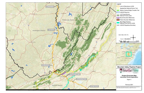 Map overview of Mountain Valley Pipeline application