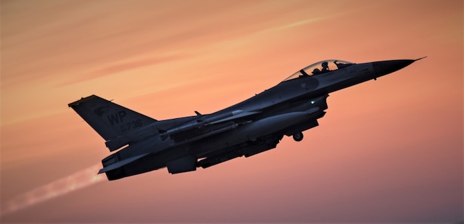 Wolf Pack F-16s take off at dawn