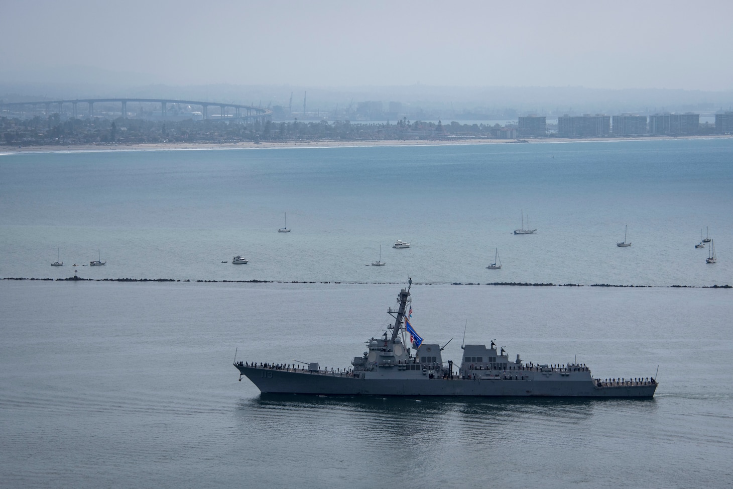 Arleigh Burke-class guided-missile destroyer USS John Finn (DDG 113) returns to Naval Base San Diego.