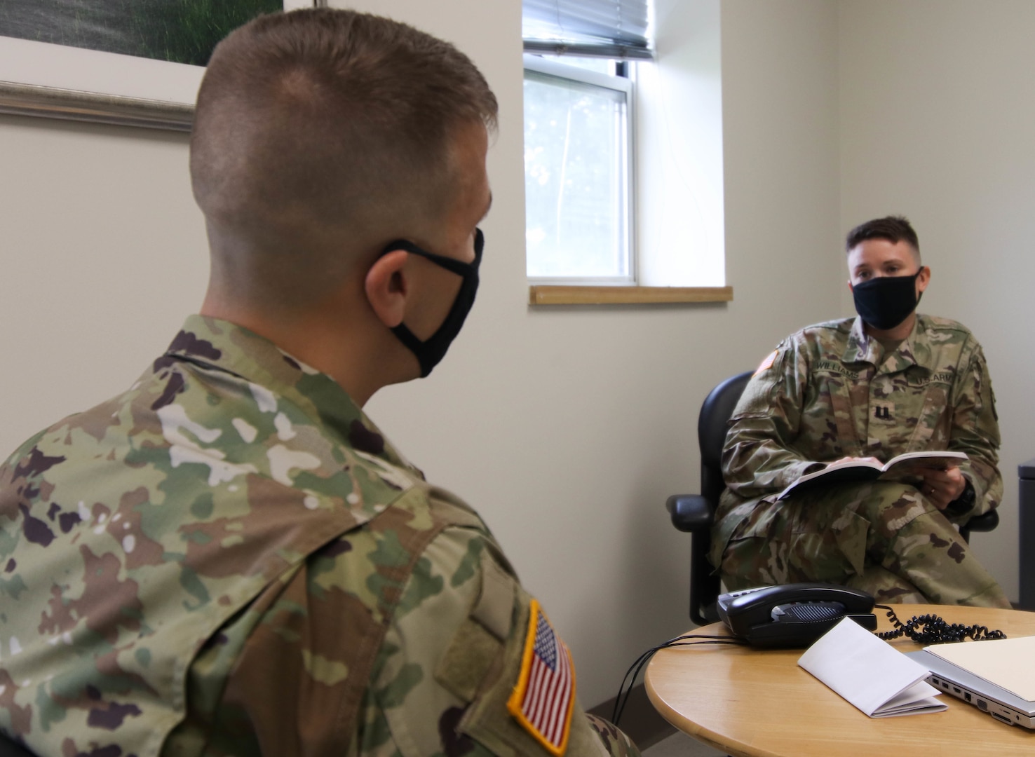 Capt. Kate Williams, behavioral health officer, provides evidence based therapy to a patient at the 101st Division Sustainment Brigade Behavioral Health Clinic, Fort Campbell, Ky., on August 27, 2020. Williams is a clinical psychologist assigned to 101st Division Sustainment Brigade. (U.S. Army photo by Sgt. Aimee Nordin)