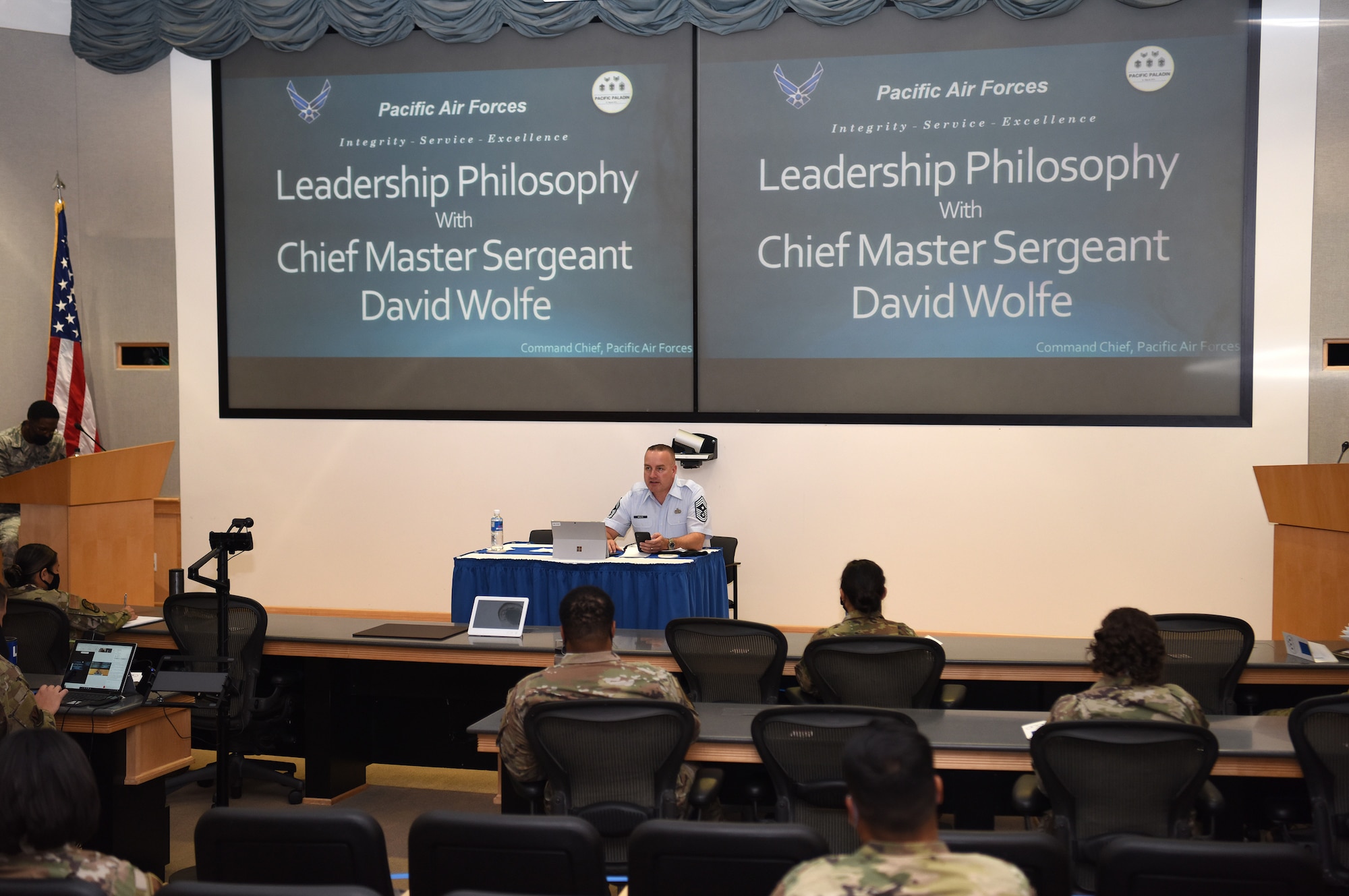 U.S. Air Force Chief Master Sgt. David Wolfe, Pacific Air Forces (PACAF) Command Chief, speaks before a crowd about leadership philosophy during Pacific Paladin at the Aloha Conference Center, Joint Base Pearl Harbor-Hickam, Hawaii, March 31, 2021. Pacific Paladin is a new PACAF professional development platform focused on providing strategic mentorship to non-commissioned officers and senior non-commissioned officers. (U.S. Air Force photo by Master Sgt. Miguel Lara)