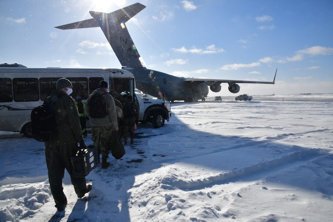 U.S. Air Force F-16’s from the Minnesota Air National Guard’s 148th Fighter Wing arrive at Yellowknife, Canada during North American Aerospace Defense Command’s Arctic air defense exercise, Amalgam Dart 21-02, March 20, 2021.