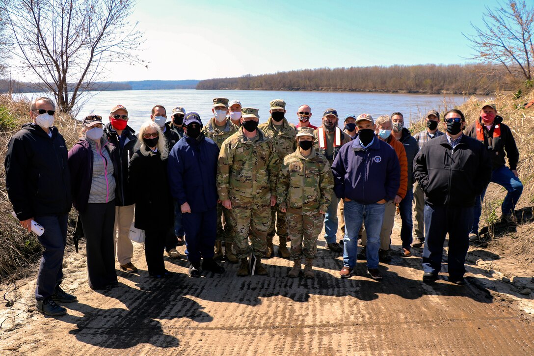 A group from the U.S. Army Corps of Engineers and Mississippi River Commission visit the Missouri River for a site inspection, March 31, 2021.