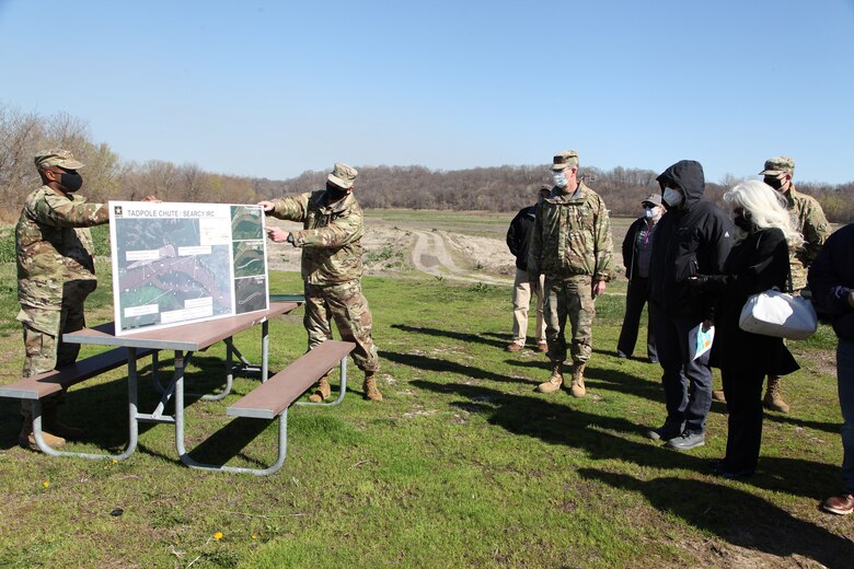 Col. William (Bill) Hannan, commander, U.S. Army Corps of Engineers, Kansas City District, briefs Brig. Gen. D. Peter Hemlinger, commander, Northwestern Division and members of the Mississippi River Commission about repairs made to Missouri River training structures near Tadpole Chute, April 1, 2021.