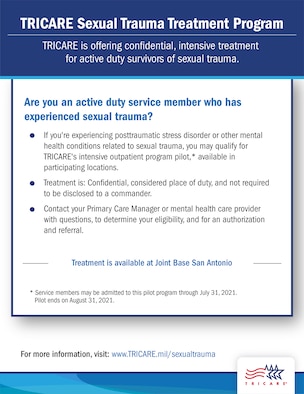 For more information about the Sexual Assault Intensive Outpatient Program or the pilot study, contact the Psychological Health Intensive Outpatient Program patient care coordinator at 210-539-1066.