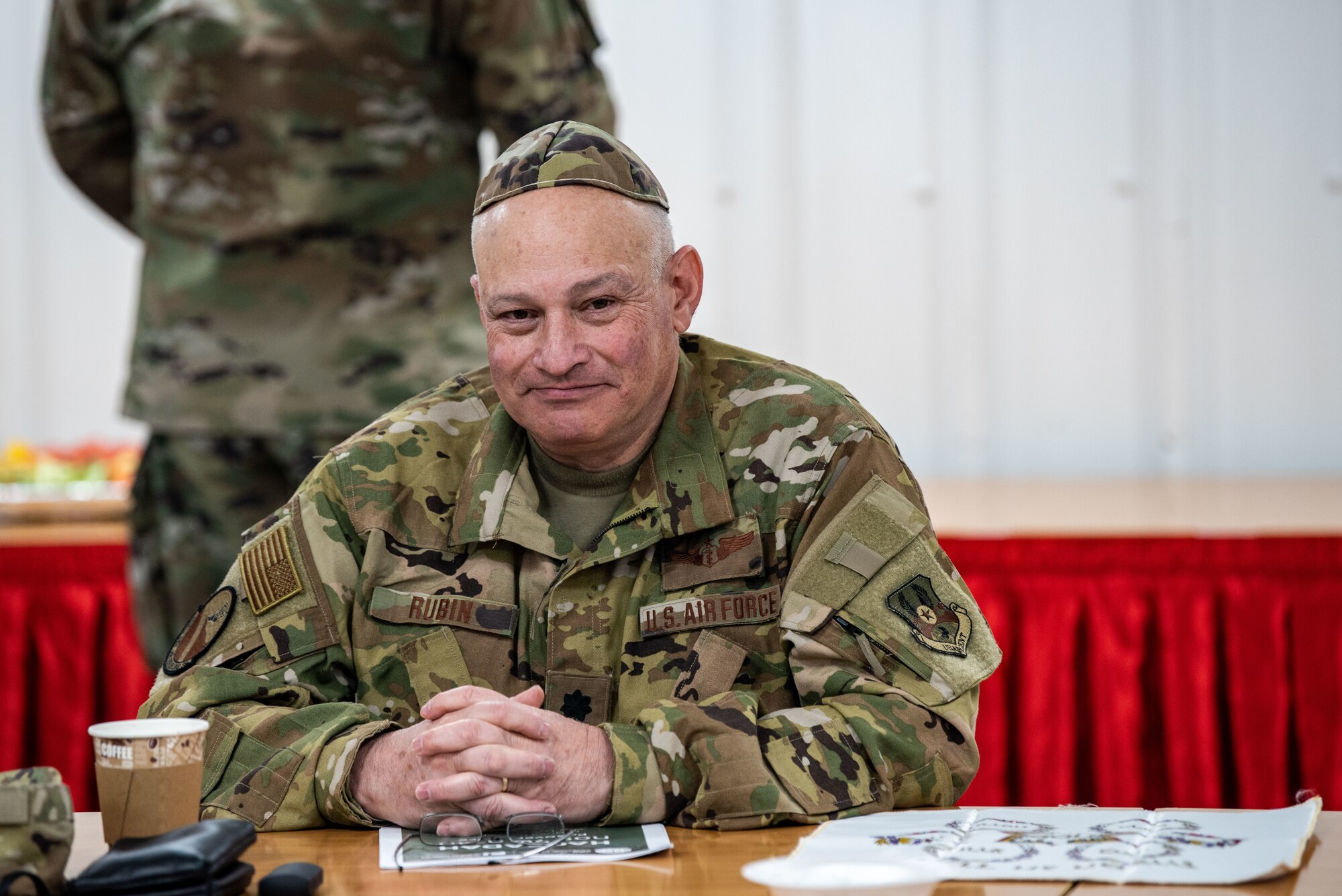 U.S. Air Force Lt. Col. Richard Rubin, 908th Expeditionary Air Refueling Squadron flight surgeon, awaits the start of a Seder to establish the commencement of Passover at Al Dhafra Air Base, United Arab Emirates, March 31, 2021.