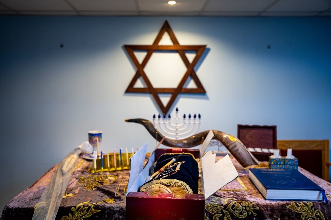A custom Jewish table setting is displayed in the chapel at Al Dhafra Air Base (ADAB), United Arab Emirates, March 31, 2021.