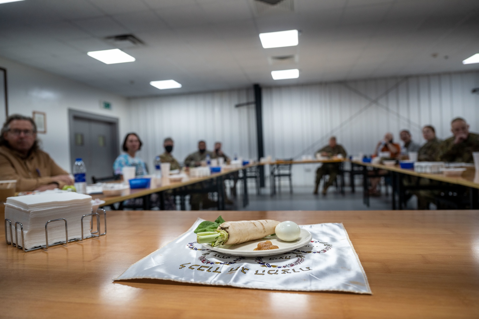 A Seder plate is set out for display to establish the commencement of Passover at Al Dhafra Air Base, United Arab Emirates, March 31, 2021.