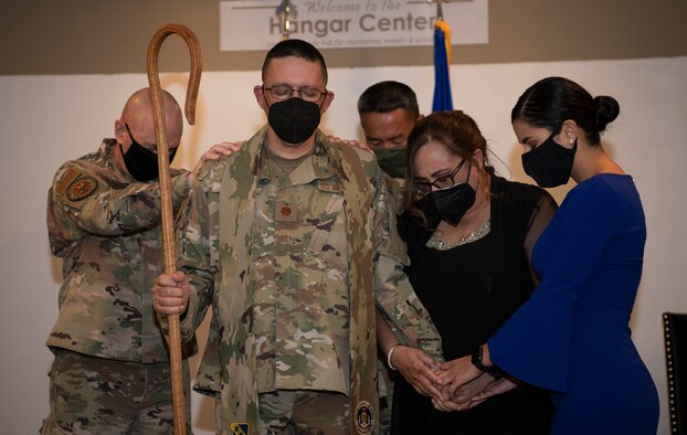 A stole hangs during the assumption of the stole ceremony at Dyess Air Force Base, Texas Mar. 24, 2021.