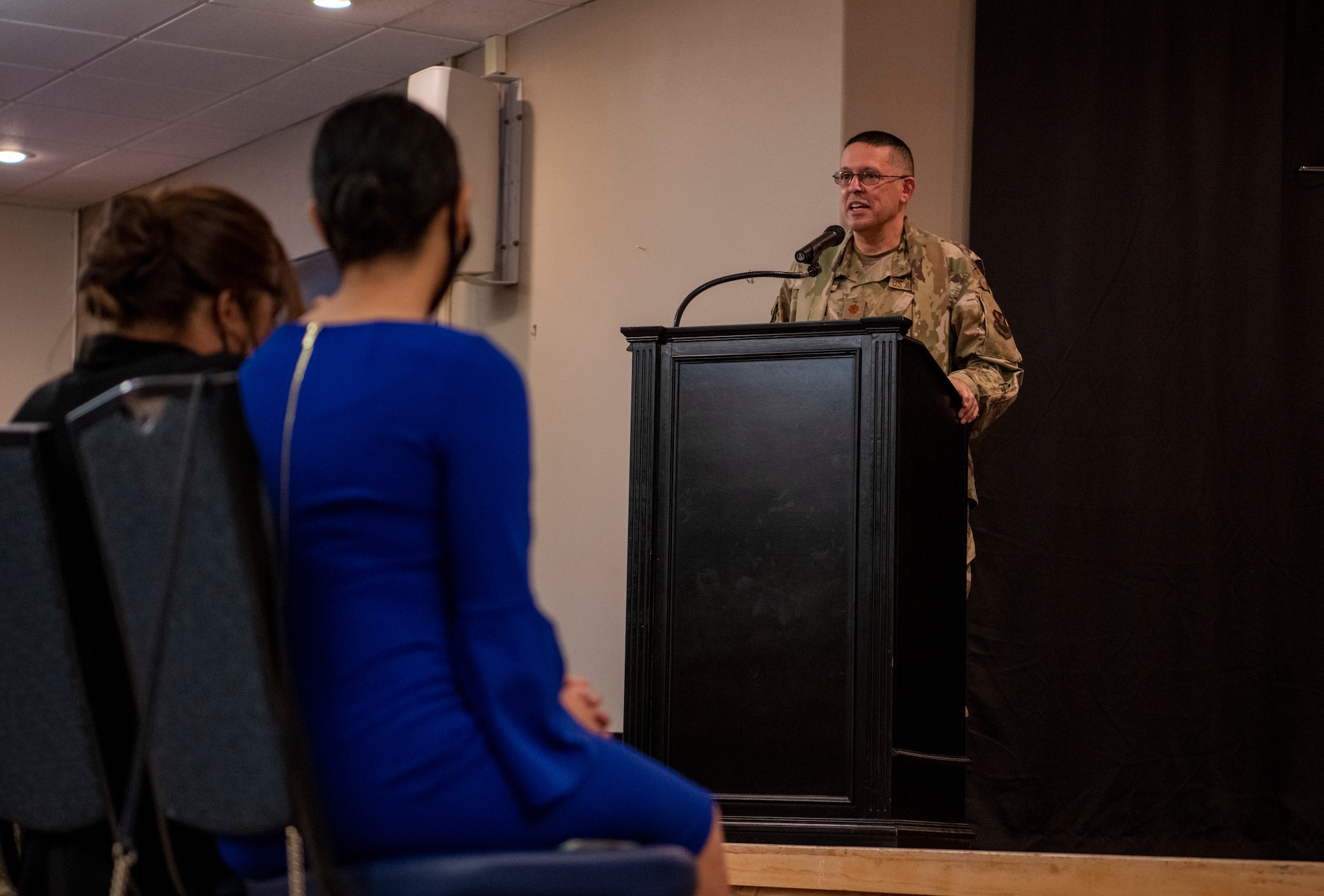 Chaplain (Maj.) Gabriel Rios, 7th Bomb Wing wing chaplain, speaks during his assumption of the stole ceremony at Dyess Air Force Base, Texas, Mar. 24, 2021.