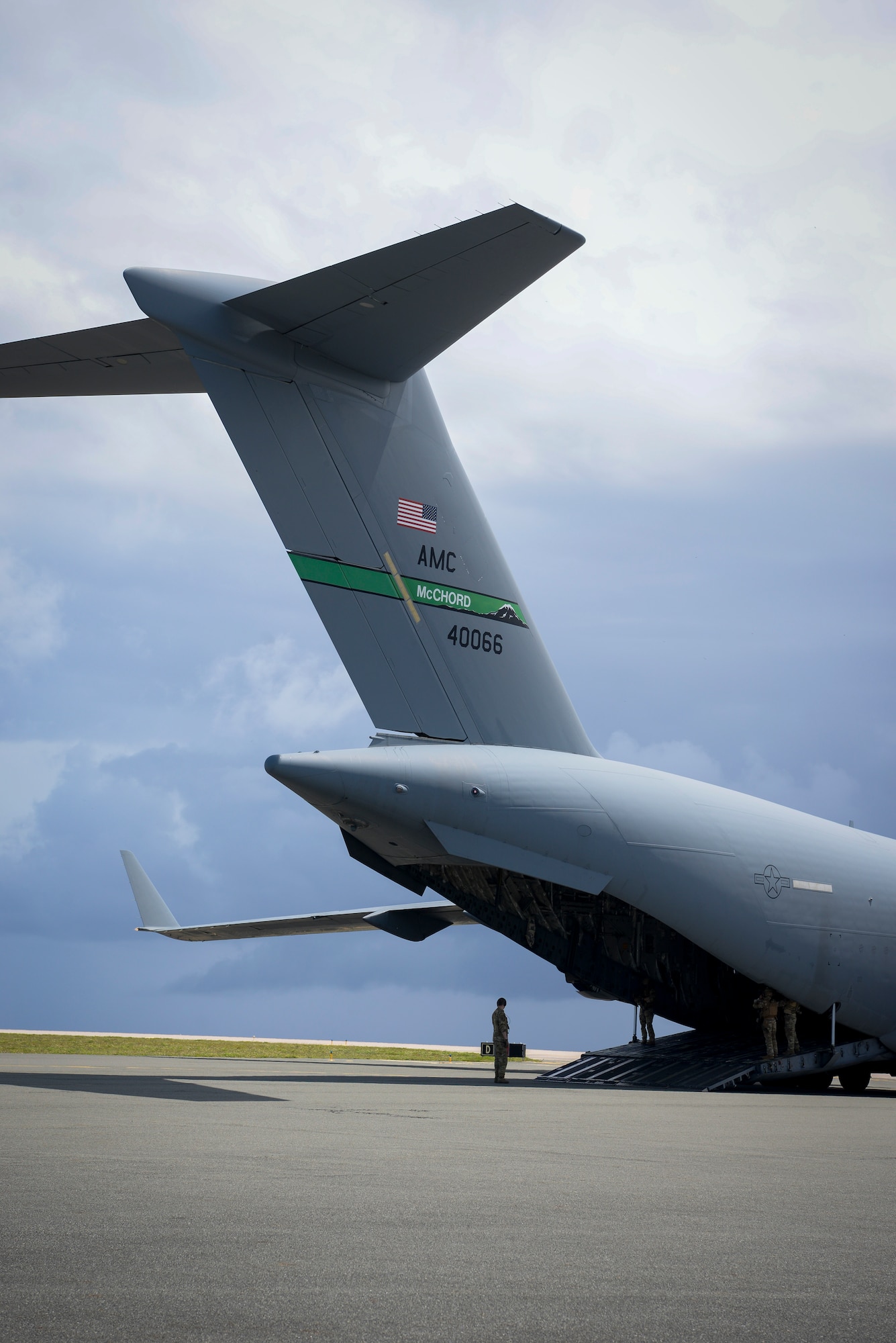 An U.S. Air Force C-17 Globemaster III assigned to the 8th Airlift Squadron, McChord Air Force Base, Wash. sits on the flight line during a field training exercise on Wake Island, Western Pacific, April 2, 2021.