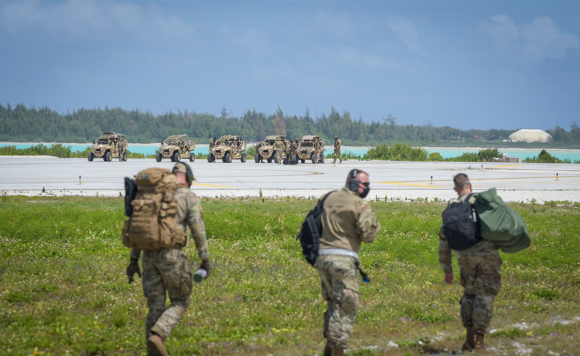 U.S. Air Force Airmen assigned to the 36th Contingency Response Group, prepare to conduct a field training exercise on Wake Island, Western Pacific, April 2, 2021.