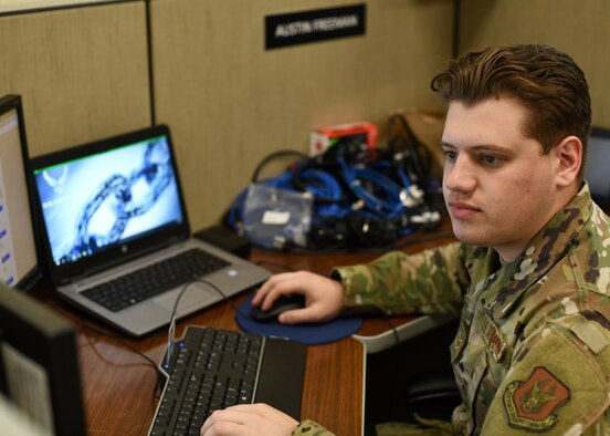 Senior Airman Austin Freeman, a cyber transport specialist for the 403rd Communications Flight at Keesler Air Force Base, Miss., works on training during the Unit Training Assembly March 14, 2021. Freeman deals largely with network-related technology in the flight's effort to preserve connectivity and keep the mission of the 403rd Wing going. (U.S. Air Force photo by Staff Sgt. Kristen Pittman)
