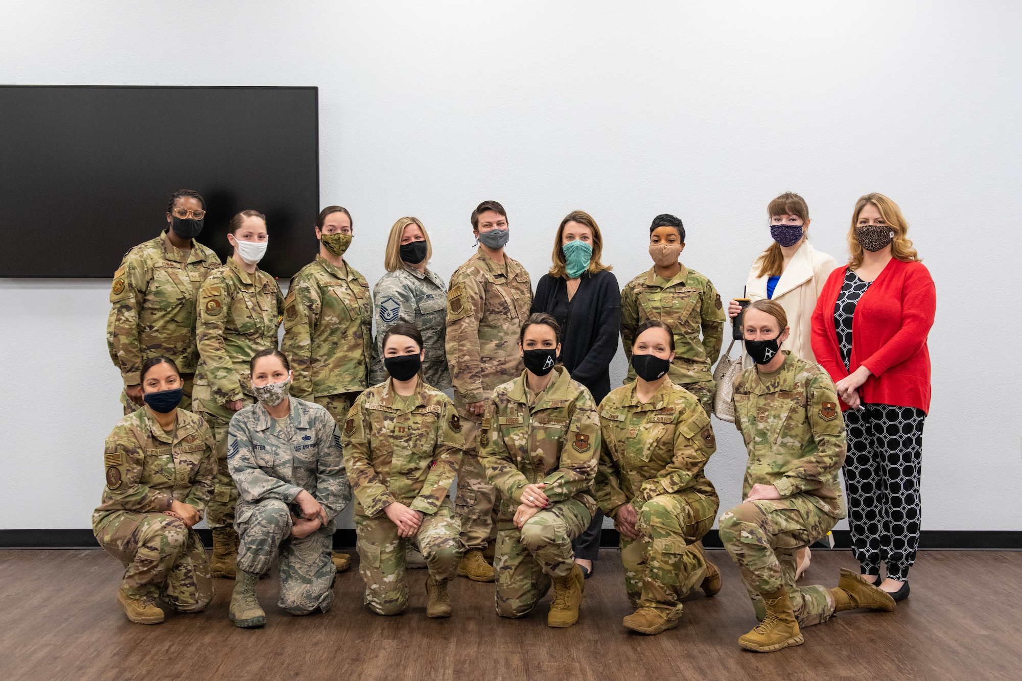 Women from Mobility’s hometown pose for a photo on March 31, 2021, during a Coffee and Connect event at Altus Air Force Base, Oklahoma. The monthly female focused meetups connect women, both military and civilian, with mentors to empower themselves and strengthen their skill set. (U.S. Air Force photo by Senior Airman Breanna Klemm)