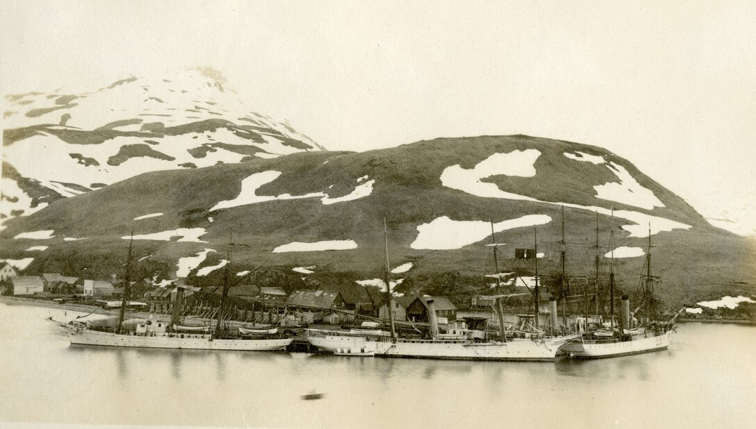 Revenue Cutters of the 1908 Bering Sea Patrol tied up in Unalaska, June, 1908, including USRC Bear on the right.