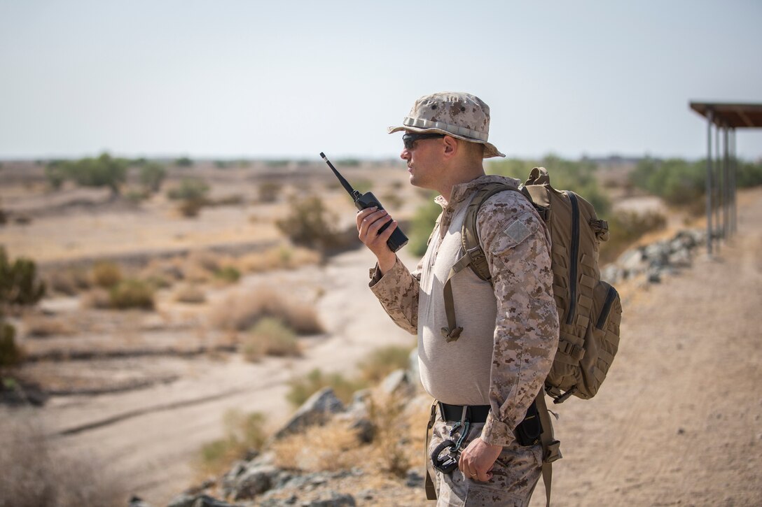 U.S. Marines stationed aboard Marine Corps Air Station (MCAS) Yuma, with Explosive Ordnance Disposal (EOD), conduct area operational clearance in support of Weapons and Tactics Instructors (WTI) course 2-20 near Camp Billy Machen, Calif., Sep. 21, 2020.