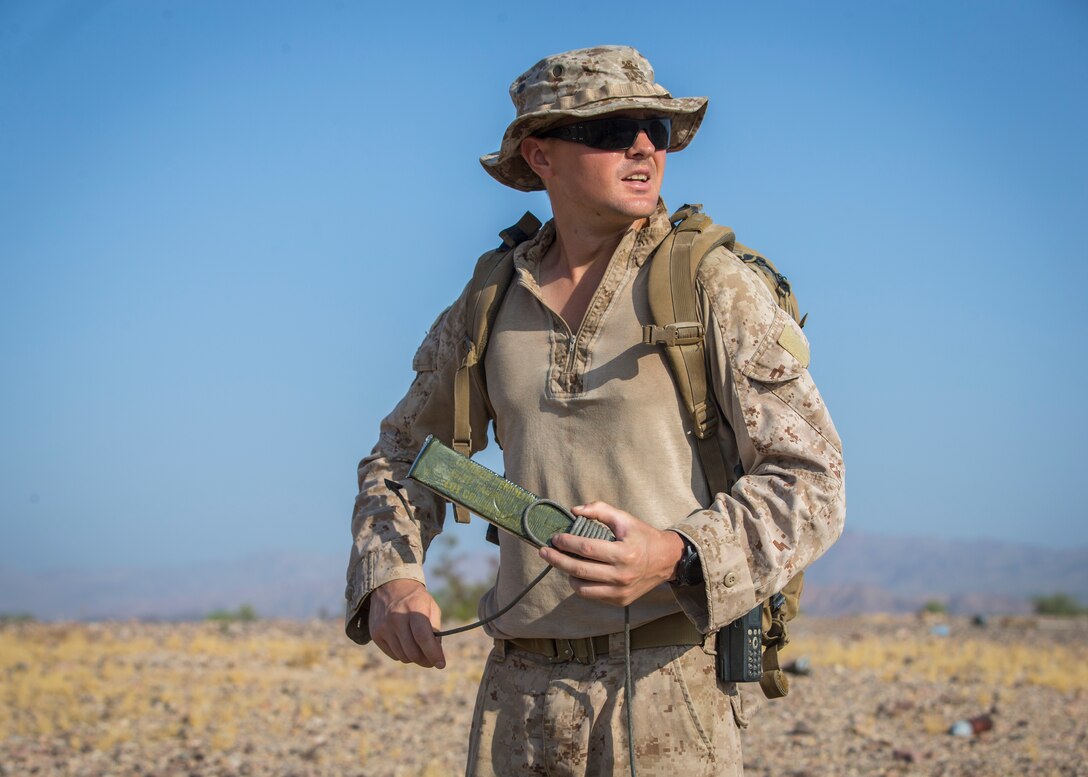 U.S. Marines stationed aboard Marine Corps Air Station (MCAS) Yuma, with Explosive Ordnance Disposal (EOD), conduct area operational clearance in support of Weapons and Tactics Instructors (WTI) course 2-20 near Camp Billy Machen, Calif., Sep. 21, 2020.