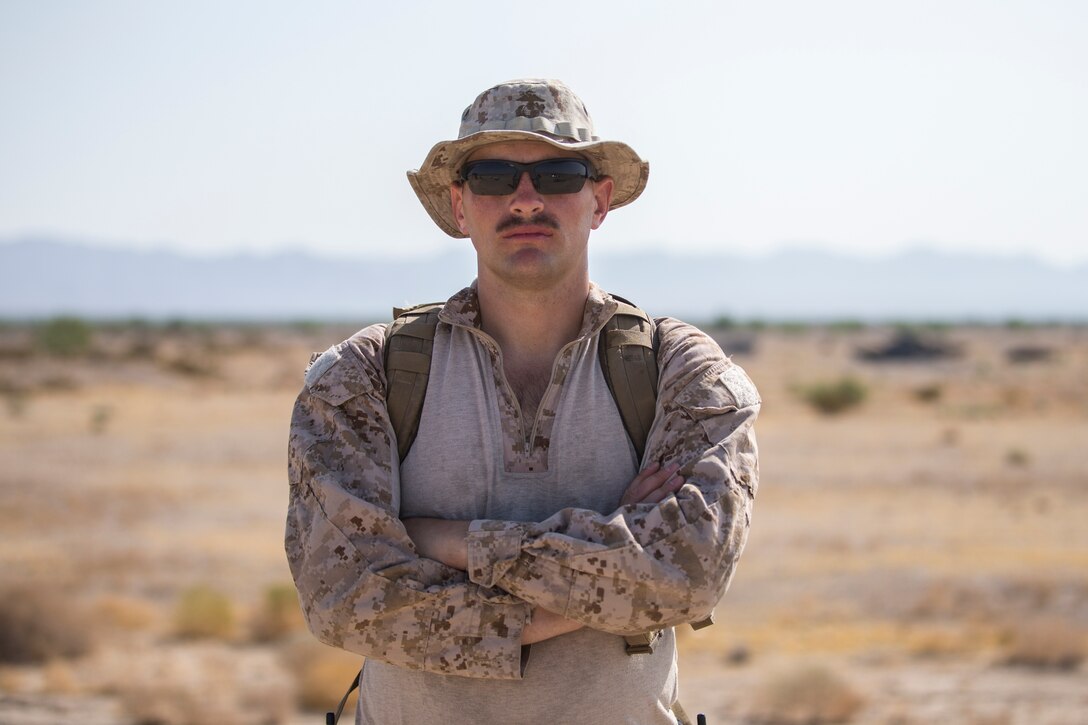 U.S. Marines stationed aboard Marine Corps Air Station (MCAS) Yuma, with Explosive Ordnance Disposal (EOD), conduct area operational clearance in support of Weapons and Tactics Instructors (WTI) course 2-20 near Camp Billy Machen, Calif., Sep. 21, 2020.