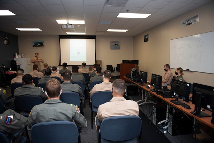 CORPUS CHRISTI, Texas (Oct. 30, 2020) The first students enrolled in Naval Aviation Training Next-Project Avenger are welcomed by Chief of Naval Air Training Rear Adm. Robert Westendorff. Project Avenger is a prototype syllabus designed to train student naval aviators to a greater level of proficiency in a shorter period of time than the traditional syllabus to increase fleet aviator availability. (U.S. Navy photo by Anne Owens/Released)