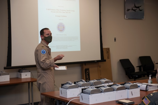 CORPUS CHRISTI, Texas (Oct. 30, 2020) CNATRA Assistant Chief of Staff for Training Capt. Kevin Delano briefs the first students enrolled in Naval Aviation Training Next-Project Avenger. Project Avenger is a prototype syllabus designed to train student naval aviators to a greater level of proficiency in a shorter period of time than the traditional syllabus to increase fleet aviator availability. (U.S. Navy photo by Anne Owens/Released)