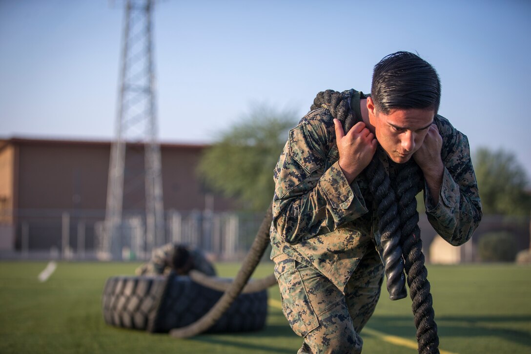 U.S. Marines with Headquarters and Headquarters Squadron (H&HS), compete in the monthly squadron competition on Marine Corps Air Station Yuma, Ariz., Oct. 9, 2020. The competition consisted of various challenges and obstacles as a way of improving morale and comradery while raising esprit de corps through competition. (U.S. Marine Corps photo by Lance Cpl. John Hall)