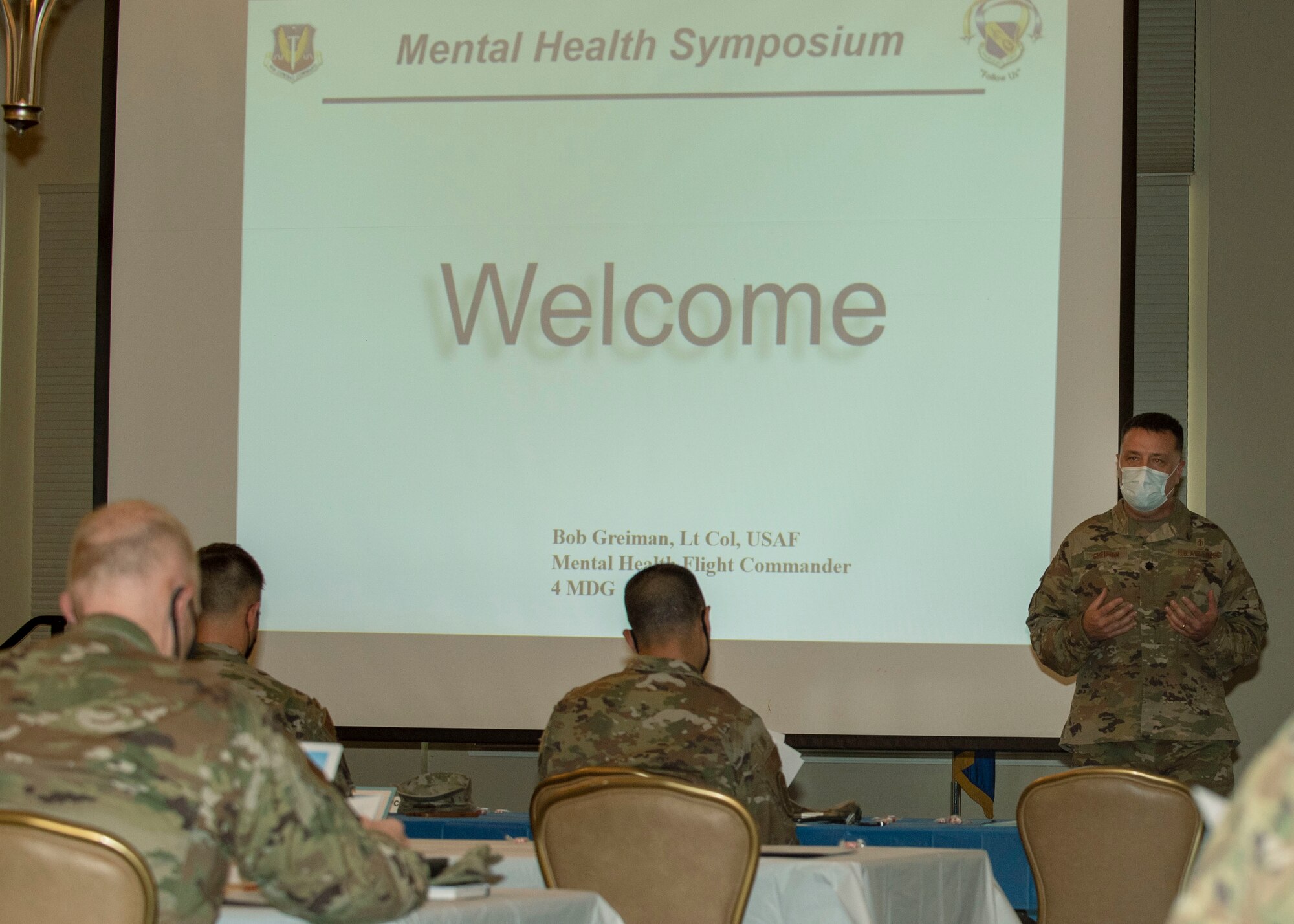 Lt. Col. Robert D. Greiman Jr., 4th Medical Group mental health flight commander, welcomes participants to the annual Mental Health Symposium at Seymour Johnson Air Force Base, North Carolina, March 31, 2021.