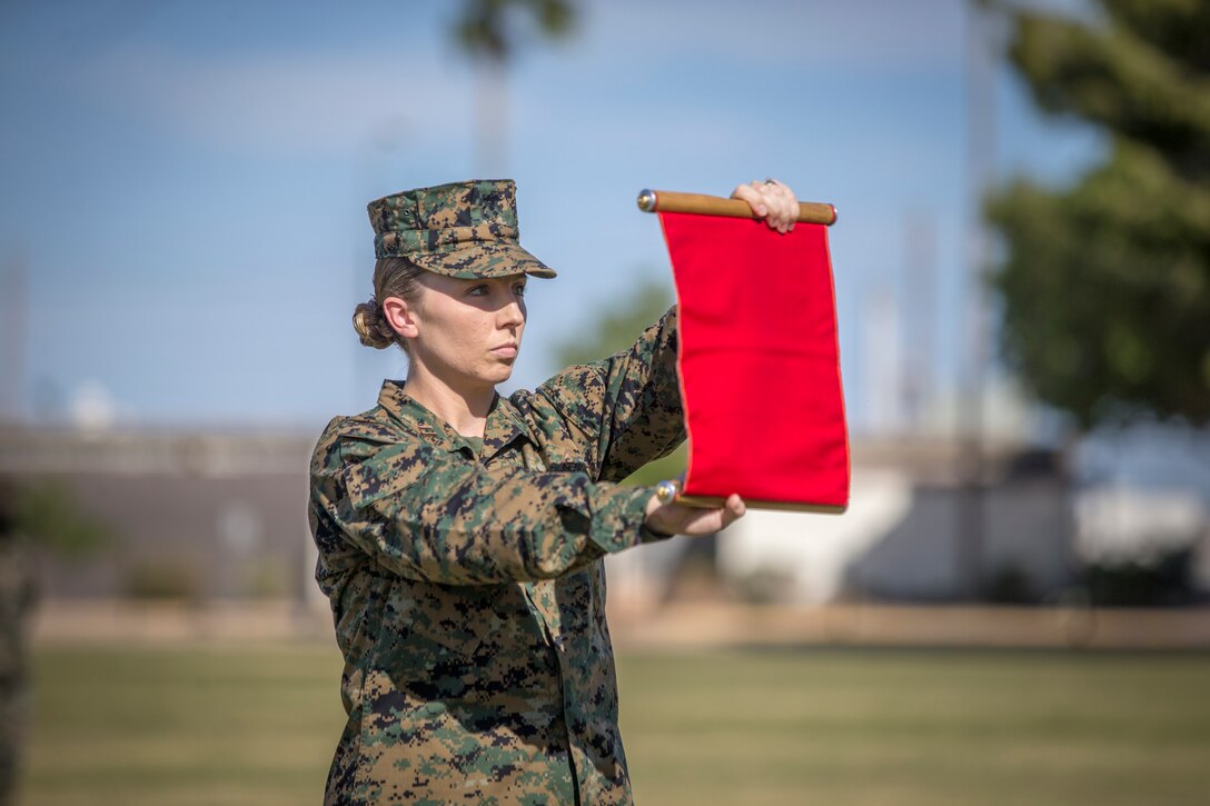 U.S. Marines with Marine Corps Air Station (MCAS) Yuma, participate in the 245th Marine Corps birthday cake cutting ceremony at the Parade Deck on MCAS Yuma, Ariz., Nov. 5, 2020.
