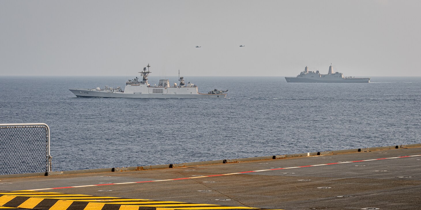 BAY OF BENGAL (April 5, 2021) Ships operate in the Bay of Bengal in support of exercise La Perouse 2021, April 5. La Perouse consists of naval assets from Australia, France, India, Japan and the United States. La Perouse is an exercise conducted during the annual French Navy midshipman deployment called Mission Jeanne d'Arc. The exercise is designed to conduct training, enhance cooperation in  maritime surveillance, maritime interdiction operations, and air operations. As the U.S. Navy's largest forward-deployed fleet, 7th Fleet employs 50-70 ships and submarines across the Western Pacific and Indian oceans. U.S. 7th Fleet routinely operates and interacts with 35 maritime nations while conducting missions to preserve and protect a free and open Indo-Pacific Region. (Photo courtesy asset by French Navy/Released)