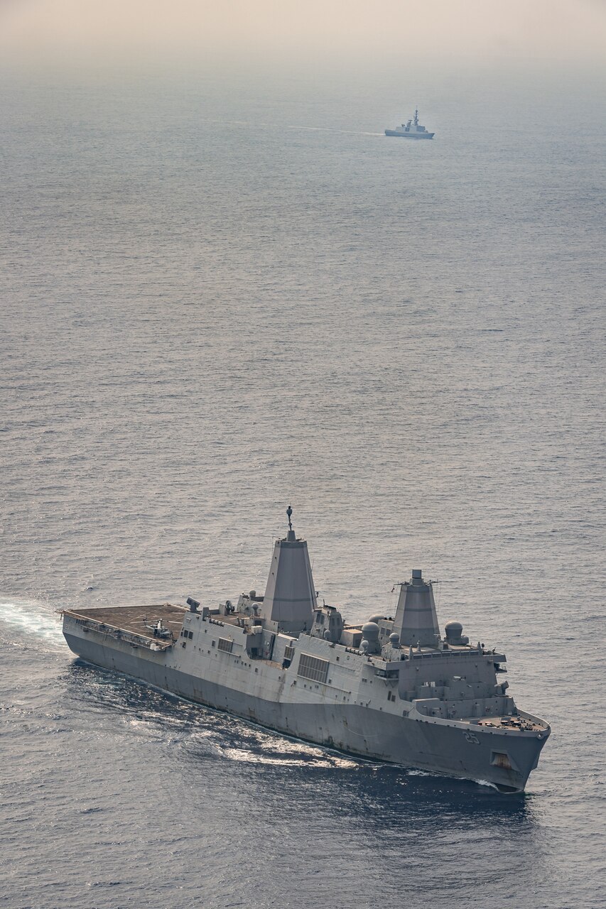 BAY OF BENGAL (April 5, 2021) Ships operate in the Bay of Bengal in support of exercise La Perouse 2021, April 5. La Perouse consists of naval assets from Australia, France, India, Japan and the United States. La Perouse is an exercise conducted during the annual French Navy midshipman deployment called Mission Jeanne d'Arc. The exercise is designed to conduct training, enhance cooperation in maritime surveillance, maritime interdiction operations, and air operations. As the U.S. Navy's largest forward-deployed fleet, 7th Fleet employs 50-70 ships and submarines across the Western Pacific and Indian oceans. U.S. 7th Fleet routinely operates and interacts with 35 maritime nations while conducting missions to preserve and protect a free and open Indo-Pacific Region. (Photo courtesy asset by French Navy/Released)