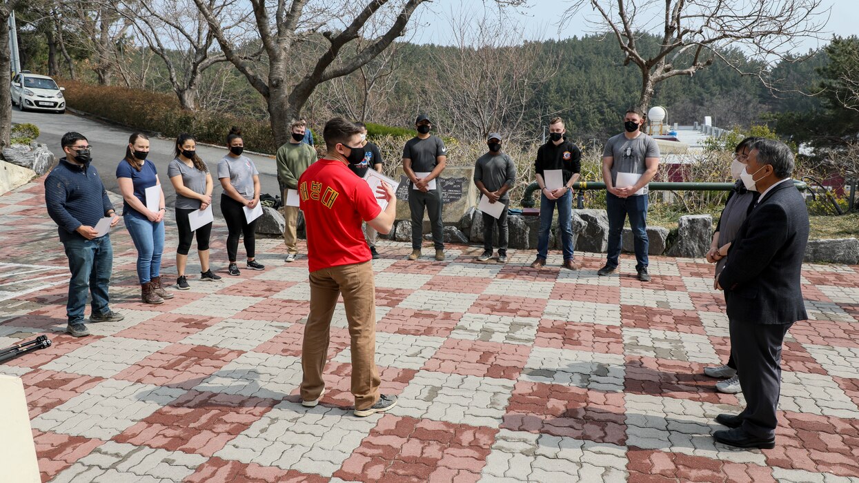 U.S. Marines with U.S. Marine Corps Forces – Korea received Certificates of Appreciation for removing tree stumps and rocks during a volunteer event at Sunrin Orphanage, Pohang, South Korea, March 13, 2021.