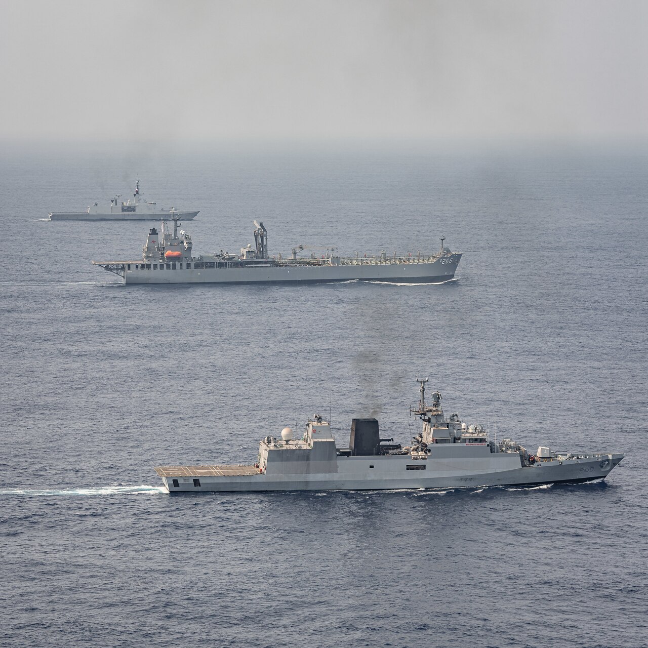 BAY OF BENGAL (April 5, 2021) Ships operate in the Bay of Bengal in support of exercise La Perouse 2021, April 5. La Perouse consists of naval assets from Australia, France, India, Japan and the United States. La Perouse is an exercise conducted during the annual French Navy midshipman deployment called Mission Jeanne d'Arc. The exercise is designed to conduct training, enhance cooperation in  maritime surveillance, maritime interdiction operations, and air operations. As the U.S. Navy's largest forward-deployed fleet, 7th Fleet employs 50-70 ships and submarines across the Western Pacific and Indian oceans. U.S. 7th Fleet routinely operates and interacts with 35 maritime nations while conducting missions to preserve and
protect a free and open Indo-Pacific Region. (Photo courtesy asset by French Navy/Released)