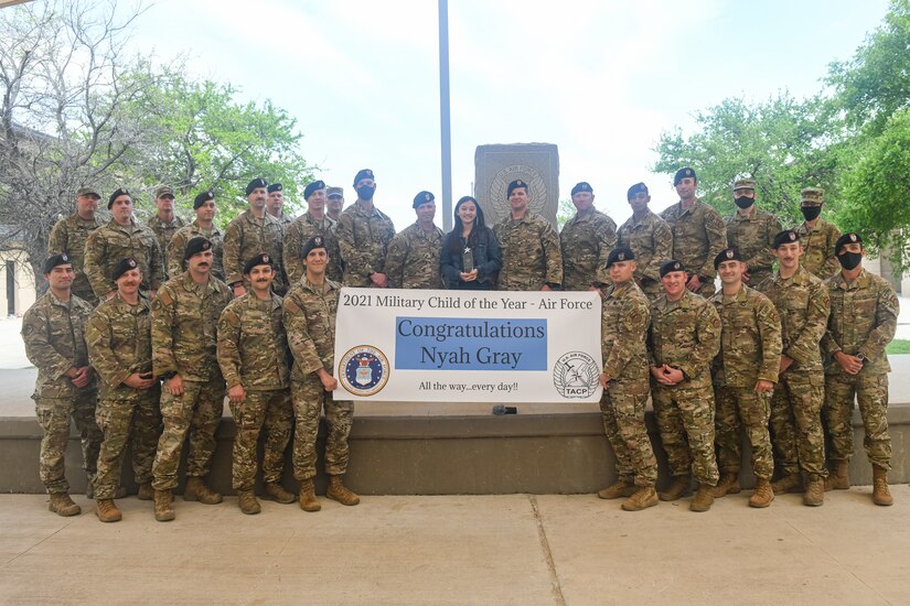 The 353rd Training Squadron, Special Warfare Training Wing, honored Nyah Gray, the 2021 Military Child of the Year® for the Air Force, during an Air Force Tactical Air Control Party, TACP, "Final Formation" ceremony at Joint Base San Antonio-Chapman Training Annex, Texas Apr. 2, 2021.