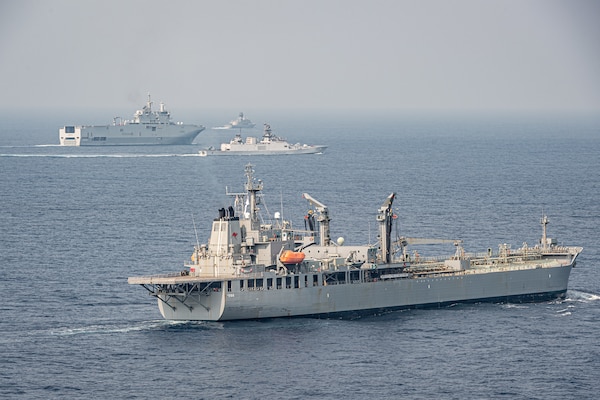 BAY OF BENGAL (April 5, 2021) Ships operate in the Bay of Bengal in support of exercise La Perouse 2021, April 5. La Perouse consists of naval assets from Australia, France, India, Japan and the United States. La Perouse is an exercise conducted during the annual French Navy midshipman deployment called Mission Jeanne d'Arc. The exercise is designed to conduct training, enhance cooperation in  maritime surveillance, maritime interdiction operations, and air operations. As the U.S. Navy's largest forward-deployed fleet, 7th Fleet employs 50-70 ships and submarines across the Western Pacific and Indian oceans. U.S. 7th Fleet routinely operates and interacts with 35 maritime nations while conducting missions to preserve and protect a free and open Indo-Pacific Region. (Photo courtesy asset by French Navy/Released)