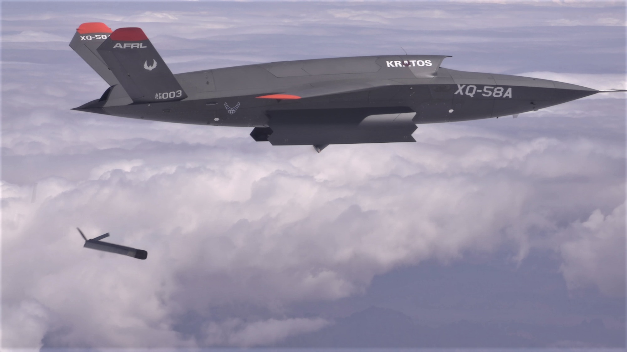 The XQ-58A Valkyrie demonstrates the separation of the ALTIUS-600 small UAS in a test at the U.S. Army Yuma Proving Ground test range, Arizona on March 26, 2021. This test was the first time the weapons bay doors have been opened in flight. (Courtesy photo)