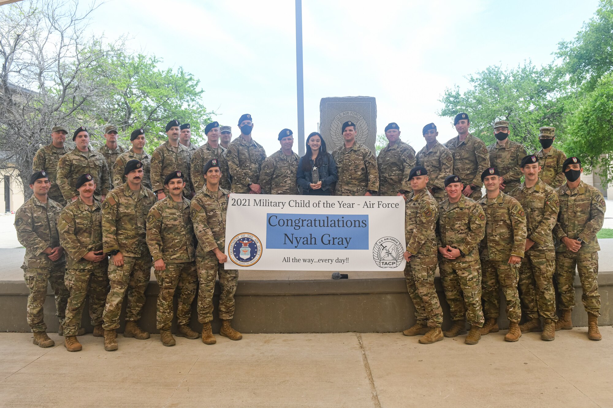 The 353rd Training Squadron, Special Warfare Training Wing, honored Nyah Gray, the 2021 Military Child of the Year® for the Air Force, during an Air Force Tactical Air Control Party, TACP, "Final Formation" ceremony at Joint Base San Antonio-Chapman Training Annex, Texas Apr. 2, 2021.
