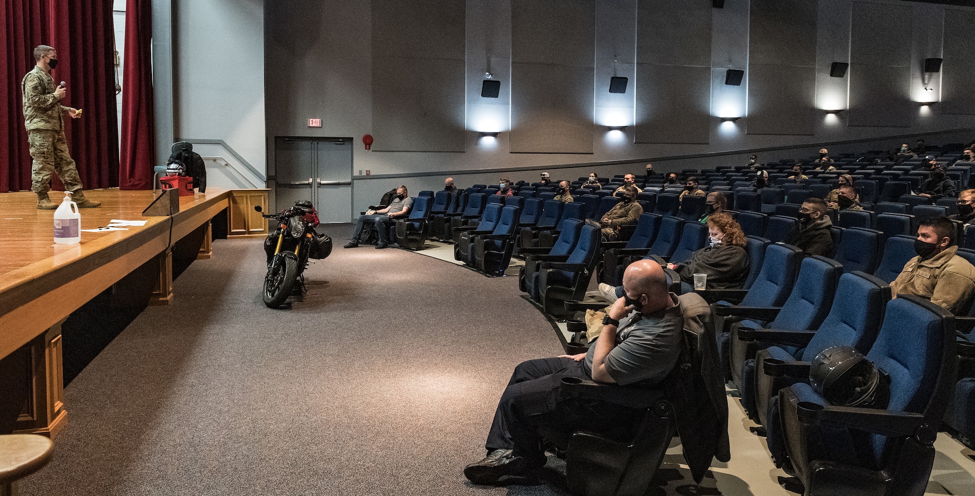 Col. Shanon Anderson, 436th Airlift Wing vice commander, makes opening remarks during the 2021 motorcycle safety preseason briefing at the base theater on Dover Air Force Base, Delaware, April 2, 2021. The briefing was part of the 436th AW Safety office’s motorcycle safety day. (U.S. Air Force photo by Roland Balik)