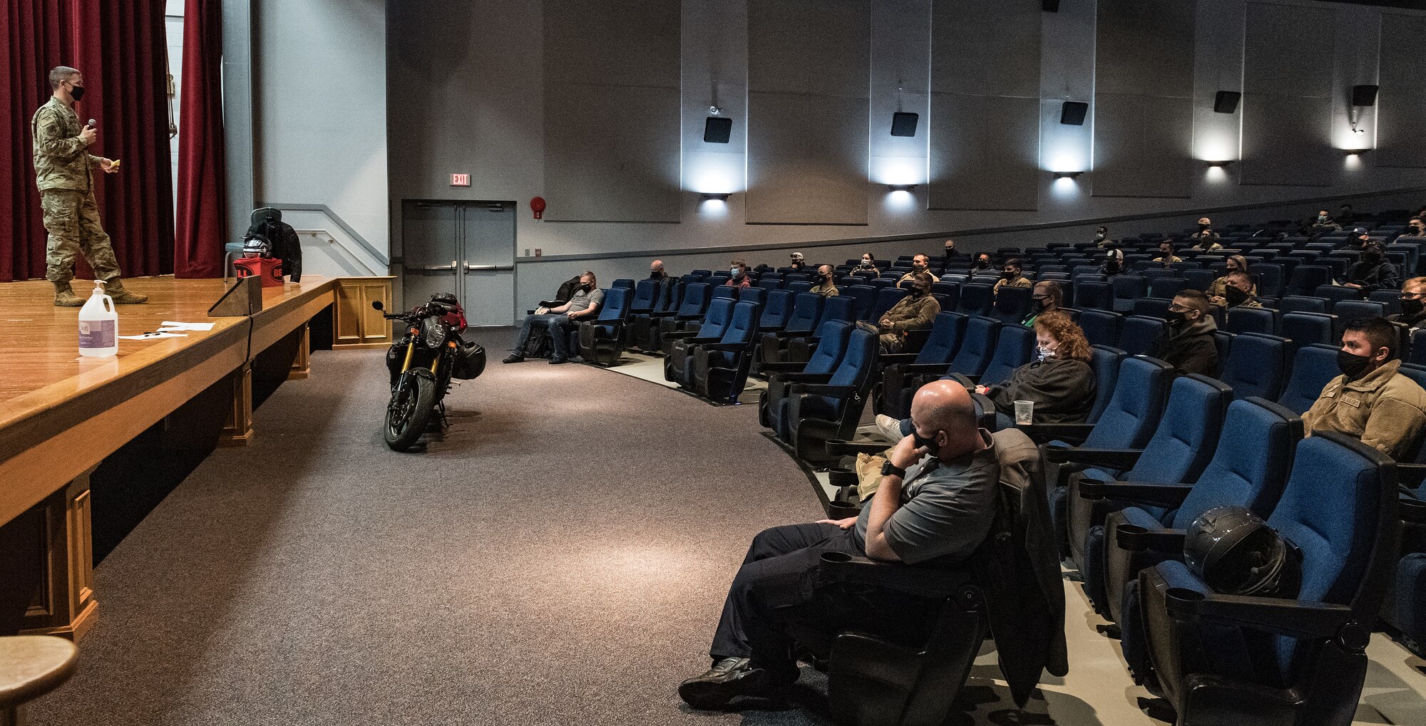 Col. Shanon Anderson, 436th Airlift Wing vice commander, makes opening remarks during the 2021 motorcycle safety preseason briefing at the base theater on Dover Air Force Base, Delaware, April 2, 2021. The briefing was part of the 436th AW Safety office’s motorcycle safety day. (U.S. Air Force photo by Roland Balik)
