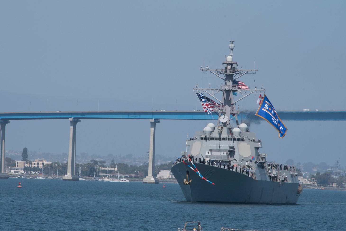 The Arleigh Burke-class guided-missile destroyer USS John Finn (DDG 113) returns to Naval Base San Diego.