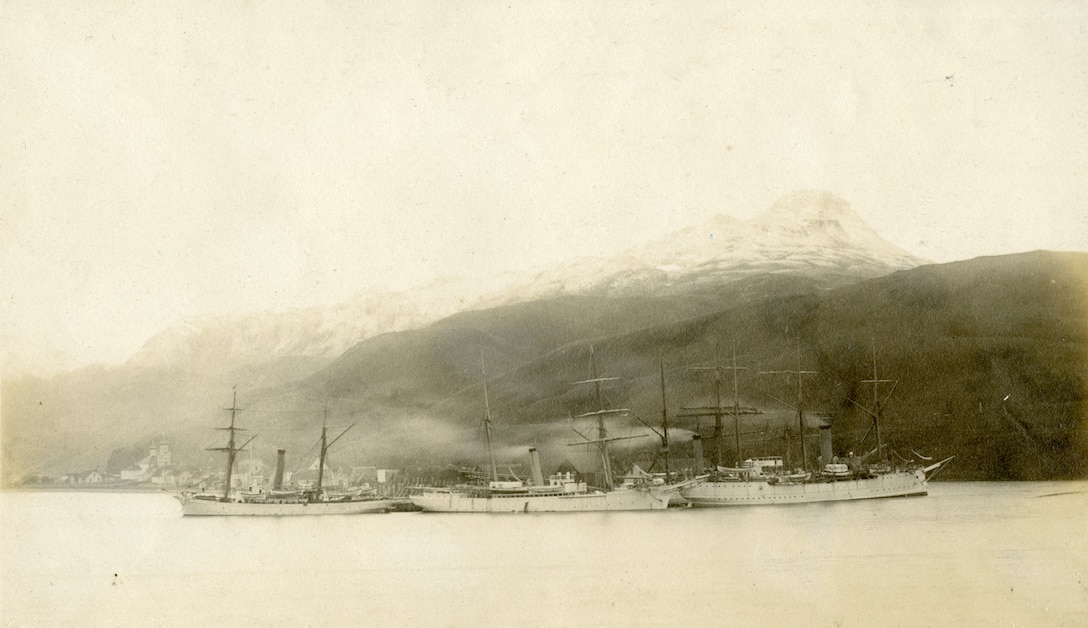 Revenue Cutters assigned to the Bering Sea Patrol in October, 1908, tied up at Unalaska.