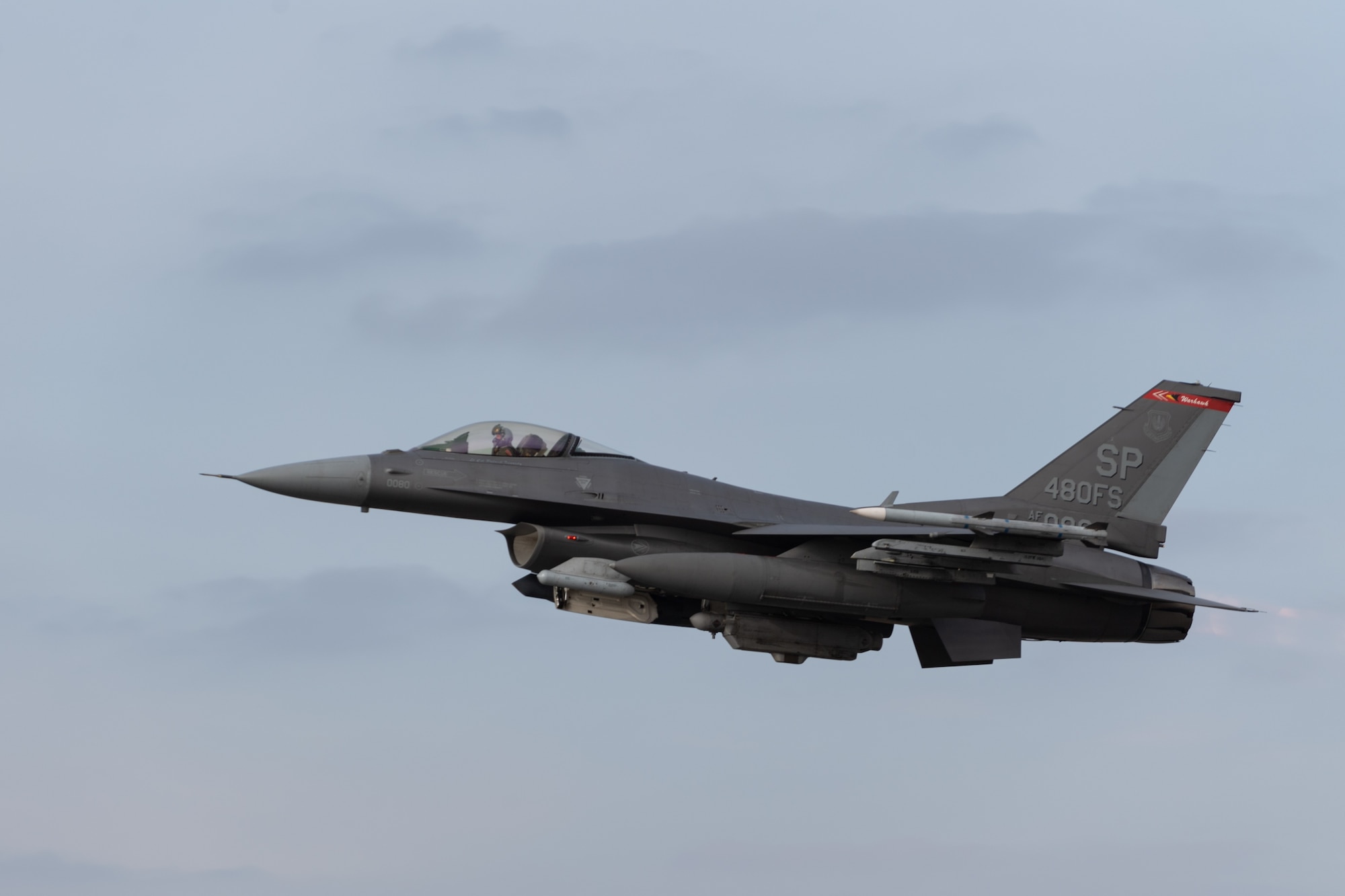 A U.S. Air Force F-16 Fighting Falcon aircraft from the 480th Fighter Squadron takes off during an Agile Combat Employment exercise at Ramstein Air Base, Germany, March 23, 2021. The exercise, which ran from March 22-26, featured jets flying two missions a day. (U.S. Air Force photo by Senior Airman John Wright.)
