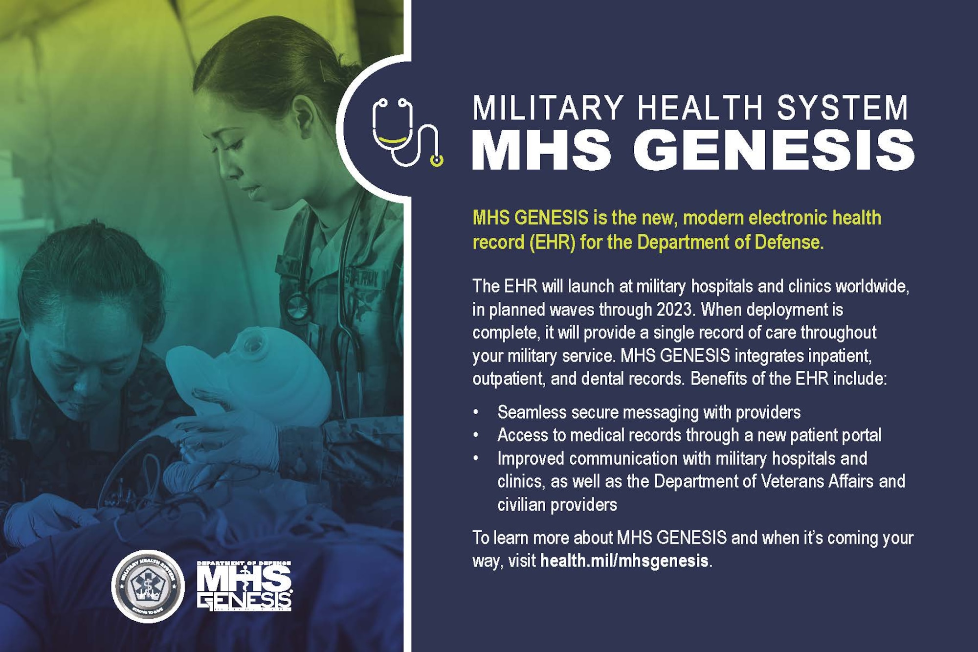 MHS GENESIS is the new electronic health record (EHR) for the Military Health System. It is the single, continuous record of care that will support the provision and coordination of care for 9.5 million TRICARE (i.e., service members, retirees, and family members) beneficiaries worldwide. Full deployment of MHS GENESIS, in all military hospitals and clinics, is expected to be complete by 2023.