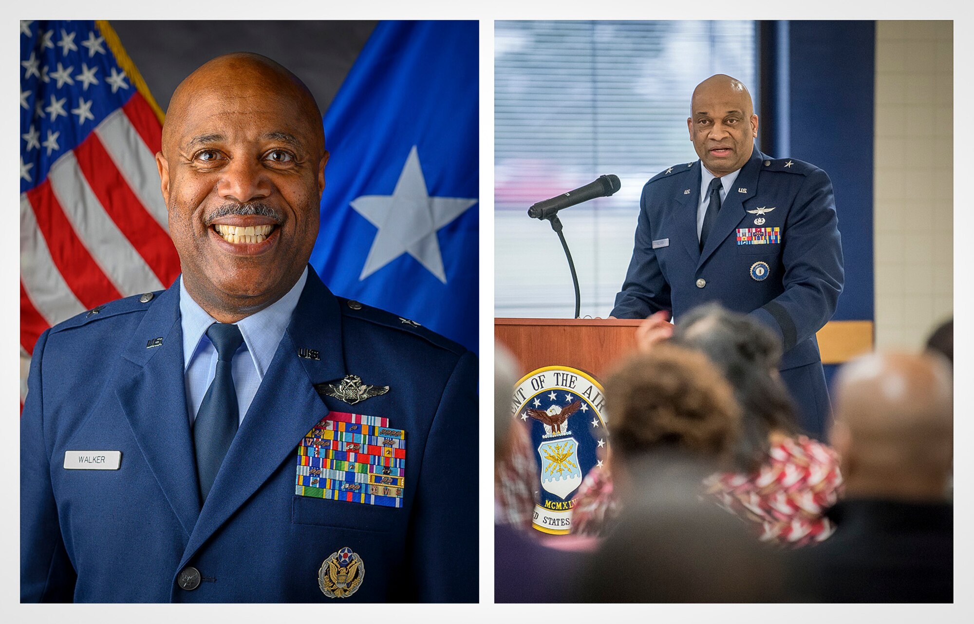 U.S. Air Force Brig. Gen. Christopher ‘Mookie’ Walker, left, special assistant to the Air National Guard director on diversity and inclusion, and Brig. Gen. Charles ‘Chuck’ Walker, right, director, Office of Complex Investigations, National Guard Bureau, both volunteered to be speed mentors during the virtual 2021 Black Engineer of the Year Awards (BEYA) Science, Technology, Engineering, and Mathematics (STEM) Conference Feb. 12, 2021. The BEYA STEM Conference brings together K-12 and college students from across the nation to learn about STEM career opportunities and network with private industry experts, government leaders, and military professionals. (Photo illustration by Tech. Sgt. Morgan R. Whitehouse) (Two courtesy photos a border was added to create this image.)
