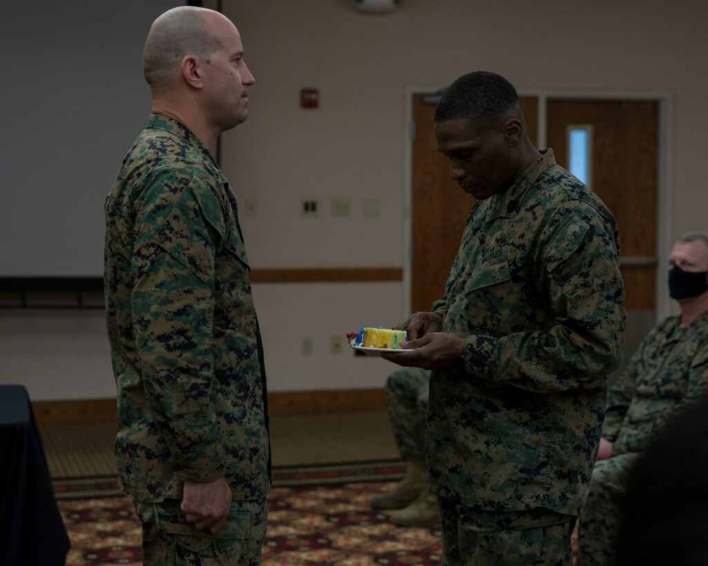 U.S. Marines with Headquarters and Headquarters Squadron conduct a ceremony celebrating the Marine Corps' 245th birthday aboard Marine Corps Air Station Yuma on Nov. 13, 2020.