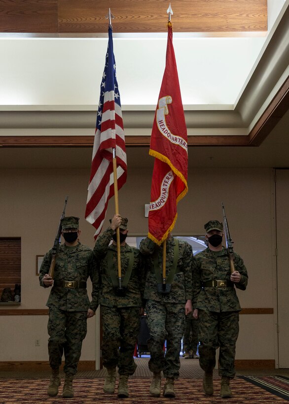 U.S. Marines with Headquarters and Headquarters Squadron conduct a ceremony celebrating the Marine Corps' 245th birthday aboard Marine Corps Air Station Yuma on Nov. 13, 2020. This event allowed Marines to participate in the customary traditions while following COVID-19 guidelines. ( U.S. Marine Corps photo by Cpl. Jason Monty)