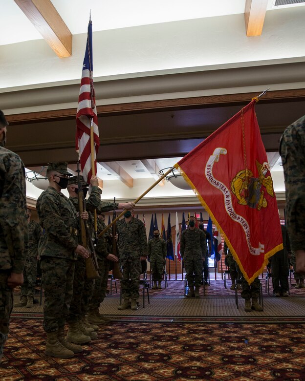 U.S. Marines with Headquarters and Headquarters Squadron conduct a ceremony celebrating the Marine Corps' 245th birthday aboard Marine Corps Air Station Yuma on Nov. 13, 2020. This event allowed Marines to participate in the customary traditions while following COVID-19 guidelines. ( U.S. Marine Corps photo by Cpl. Jason Monty)