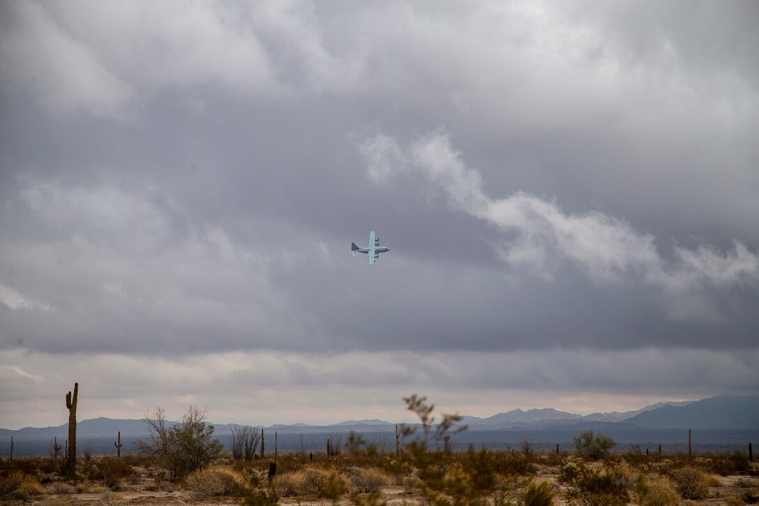 A KC-130J with Marine Aerial Refueler Transport Squadron (VMGR) 152 expends countermeasure flares to defeat a simulated surface-to-air missile, or Smokey Sam at Barry M. Goldwater Range West aboard Marine Corps Air Station Yuma training grounds, Jan. 21, 2021.