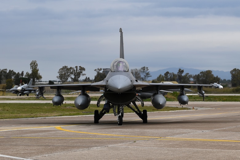 A U.S. Air Force F-16 Fighting Falcon from the 31st Fighter Wing taxis on the runway at Andravida Air Base, Greece, April 6, 2021. F-16s from the 31st FW arrived in Greece to participate in INIOCHOS 21, a Hellenic air force-led, large force flying exercise focused on strengthening partnerships and interoperability. (U.S. Air Force photo by Airman 1st Class Thomas S. Keisler IV)