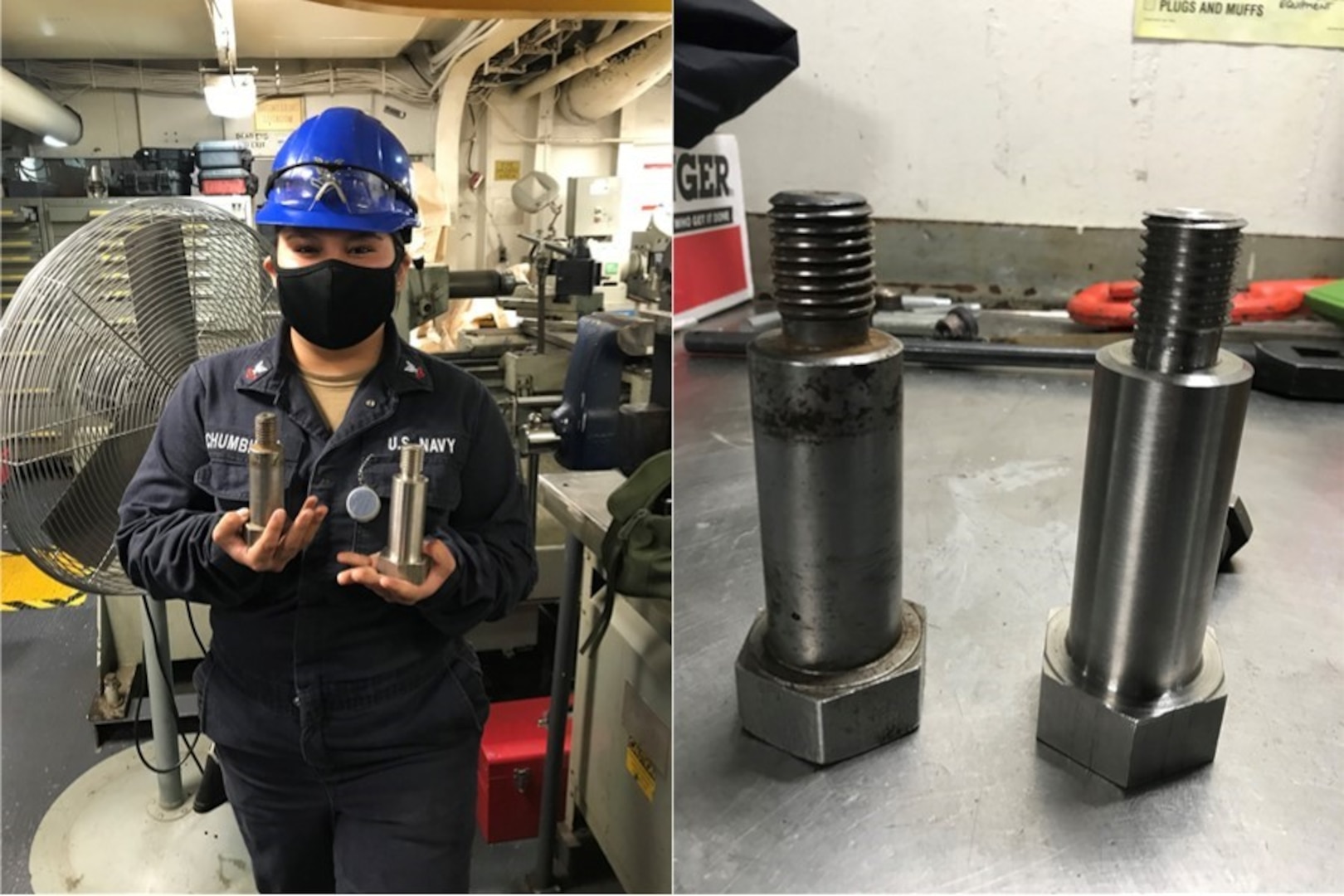 MR2 Katherine Chumbiray holds two vent plenum bolts, the one on the right is one she manufactured aboard USS Boxer (LHD 4).